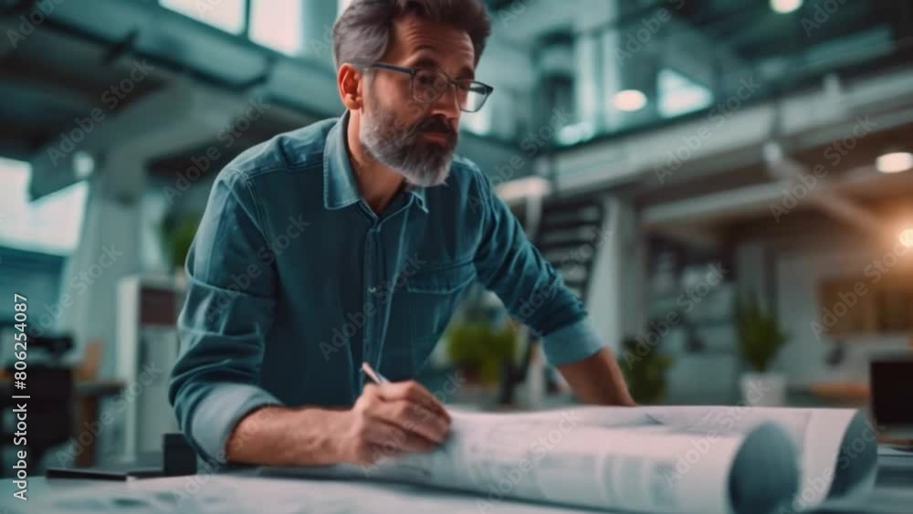 Senior male architect or engineer holding blueprints Working on planning and reviewing blueprints on the table in a modern office Senior male architect or engineer holding blueprints Working on planning and reviewing blueprints on the table in a modern office