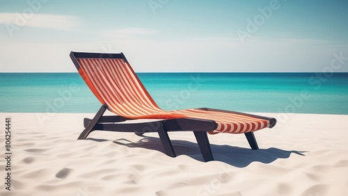 solitary striped beach chair sits invitingly on a pristine sandy beach. The brilliant blue sea in the background contrasts starkly with the vibrant orange stripes  Travel and vacation