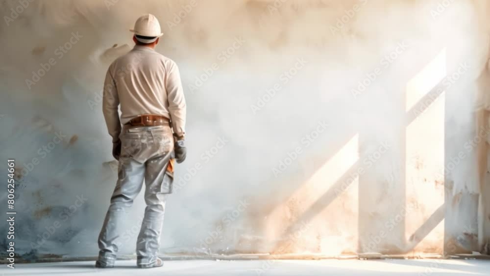 A painter polishes and sands white walls after puttingty before painting in a new apartment banner with a wide angle lens in daylight
A painter polishes and sands white walls after puttingty before painting in a new apartment banner with a wide angle lens in daylight
