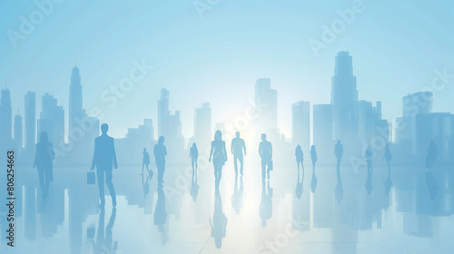 A group of people walking in a city with a blue sky background. The people are walking in different directions and some are carrying bags. The scene is busy and bustling