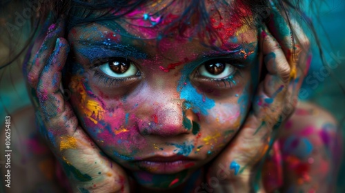 an Asian Kid emerges, seemingly enveloping hands in a mesmerizing display of colorful paint, evoking a sense of creativity and wonder.