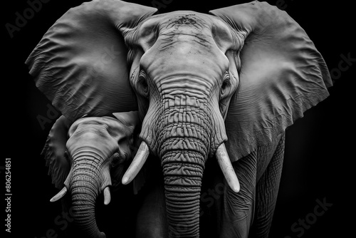 Elephant with elephant cub in black and white photography art design
