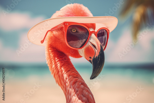 Portrait of a flamingo with sunglasses in a holiday mood
