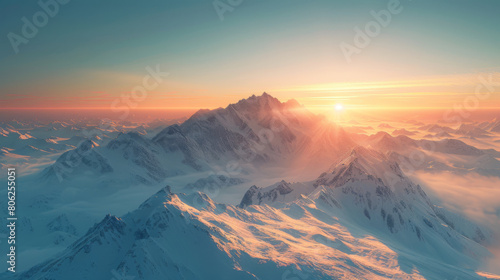 Breathtaking sunrise illuminating a vast snowy mountain range with a warm golden glow.