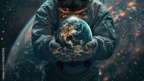 Astronaut holding earth in cosmos space