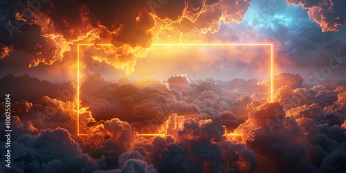 Futuristic Background Design. Cloud Formation with Orange and Yellow  Rectangle shaped Neon Frame.