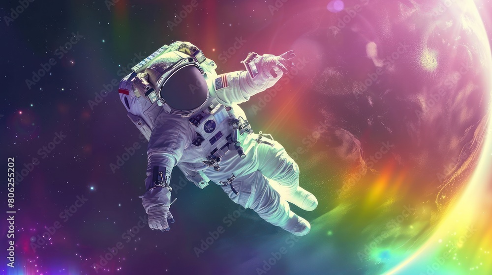 An astronaut floats in space, with a rainbow colored cosmos in the background An astronaut floats in space, with a rainbow colored cosmos in the background