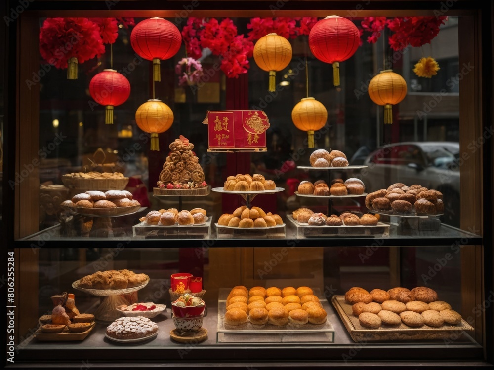 Fototapeta premium Charming Lunar New Year Bakery Window DisplayFestive Decor