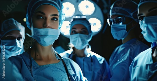 Doctors in operating clothes stand in a semicircle above the operating table in the light of the lighting. photo