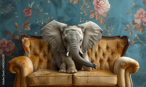 Domesticated elephant sitting on a couch chair in house living room photo