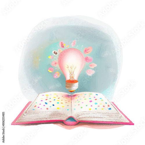  book with lighbulb white background