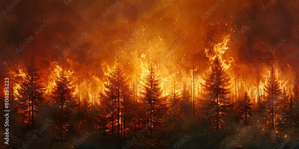 Young pine trees engulfed by wildfire flames Young pine trees engulfed by wildfire flames