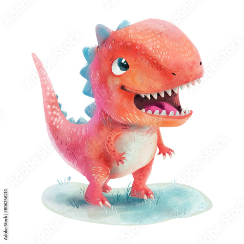 Cute angry red dinosaur white background © Finkha