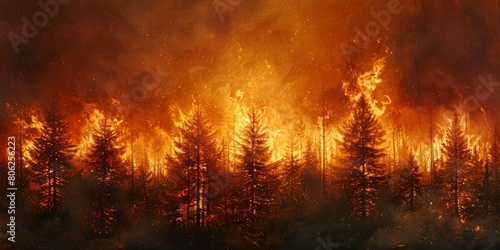 Young pine trees engulfed by wildfire flames