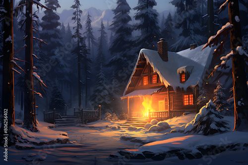 illustrated house in the snow, snowy hoouse in nature illustrated with bon fire burning on the front porch