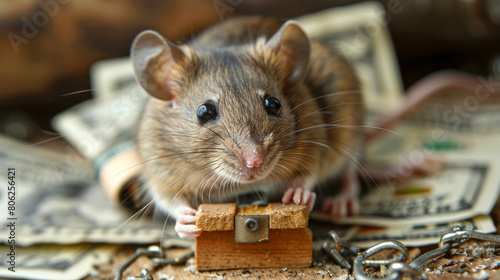 Close-up of a mouse with tiny treasure chest surrounded by scattered currency notes.