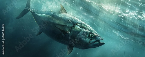 Giant bluefin tuna fish swimming in ocean sea water. photo