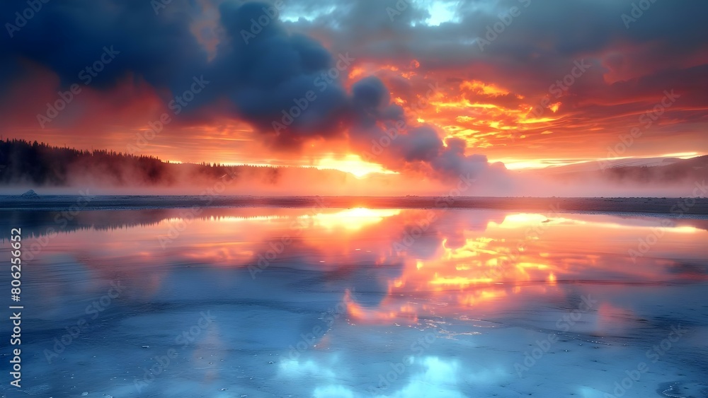 An Expansive Body of Water with Steam and Light Emitting from It. Concept Steamy Lake, Light Reflection, Nature's Glow, Energy Source, Illuminated Water