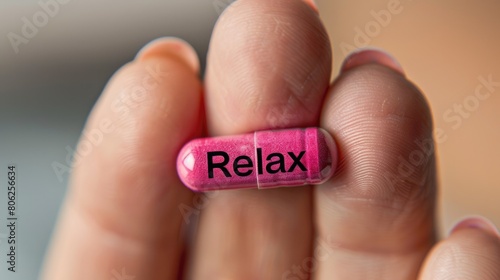 A woman holds in her hand a capsule with medicine on which the word “Relax” is written, close-up.
