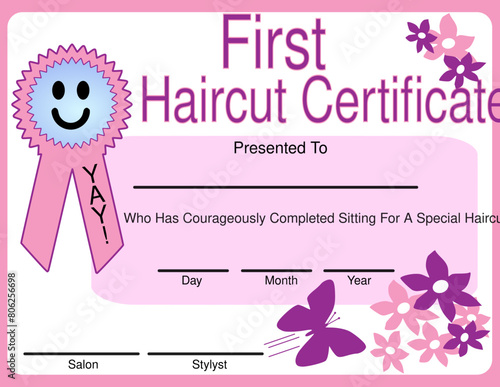 Haircut Certificate achievement presented to a female child after a haircut. Toddler, Award, Success.
