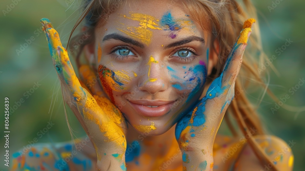 The exuberant gesture of a teenage girl reveals her hand adorned with an array of colorful paint, symbolizing her artistic flair and vibrant personality.