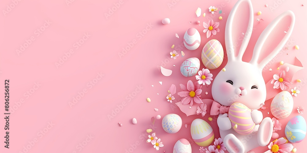 Colorful Easter egg with rabbit on bright pink background,Copy Space. Space for text,Generative AI.明るいピンク色の背景にウサギとカラフルなイースターエッグ,コピースペース。テキスト用スペース,Generative AI。