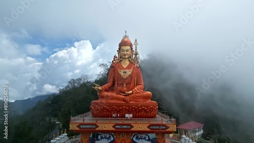 Padmasambhava, Guru Rimponche statue in Sikkim from the air, India from drone