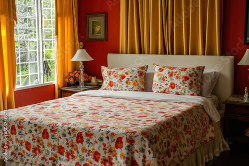 Empty bed with printed colorful bed sheet and pillow.