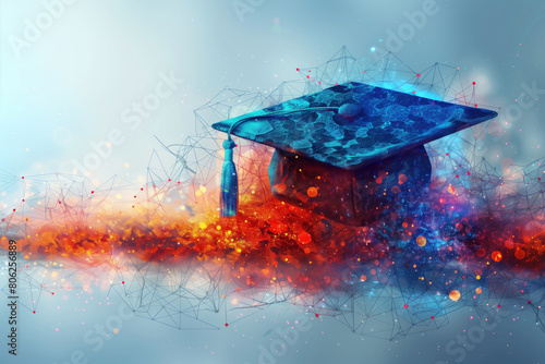 Graduation cap with abstract connecting lines, illustration