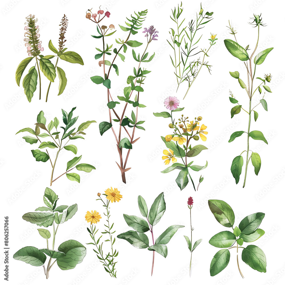Collection of various types and shapes of green leaves and yellow flowers on a transparent background