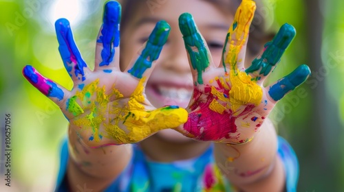 A close-up image focuses on the hand of a young child, adorned with colorful paint strokes, illustrating their joyous engagement in artistic expression.