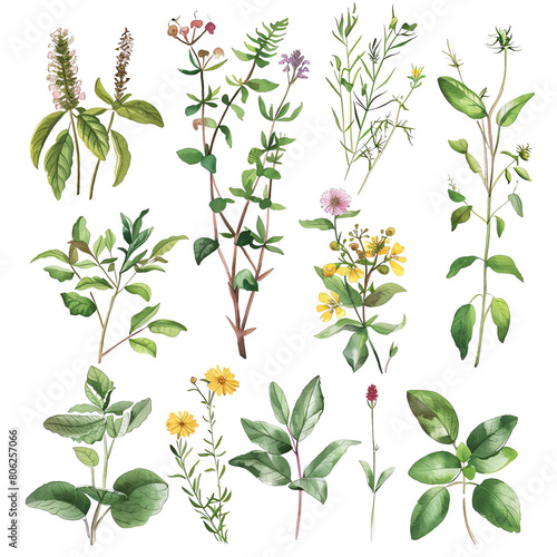 Collection of various types and shapes of green leaves and yellow flowers on a transparent background