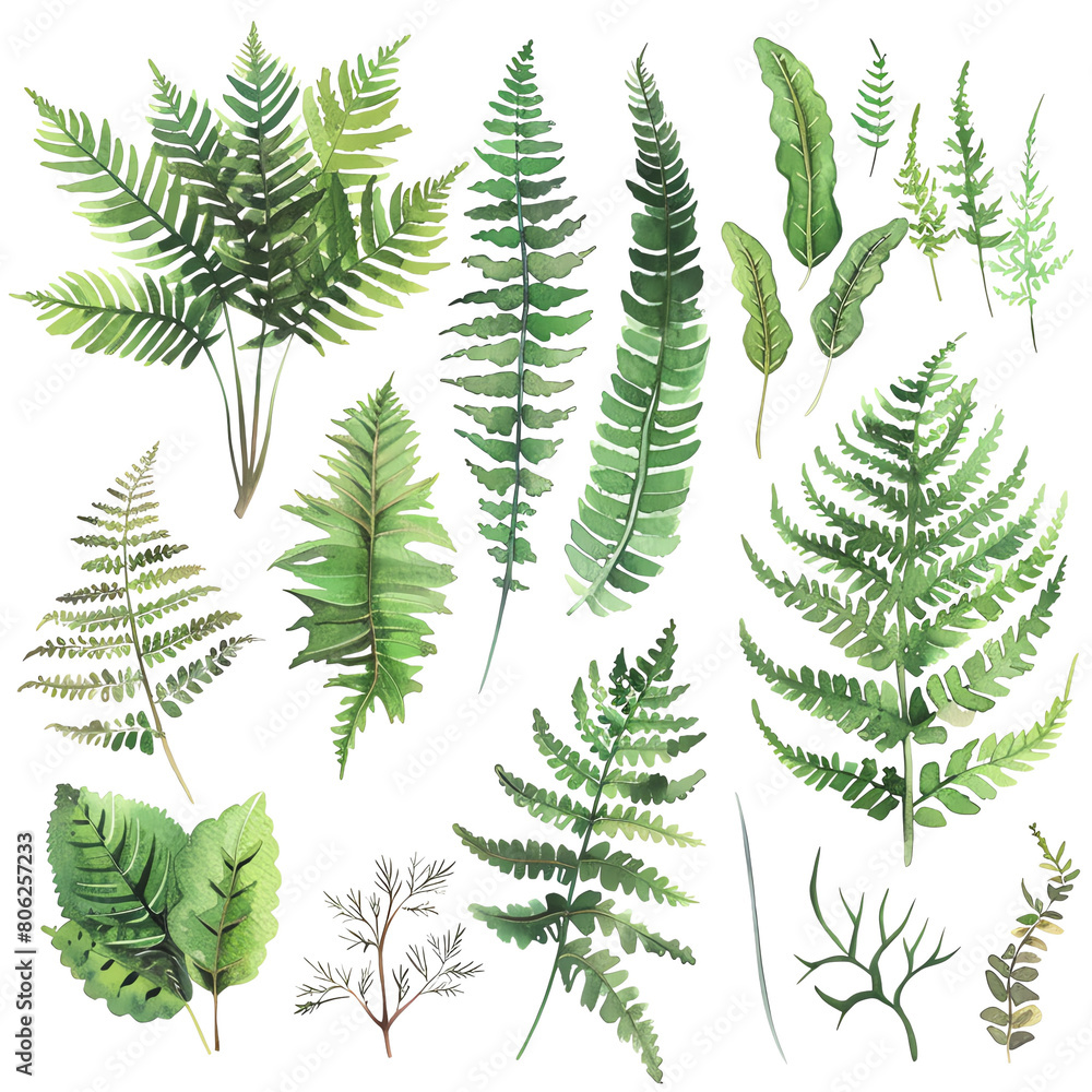 Green leaves of different plants on a transparent background. The image is suitable for use in advertising. Green leaves of different plants on a transparent background. The image is suitable for use in advertising.