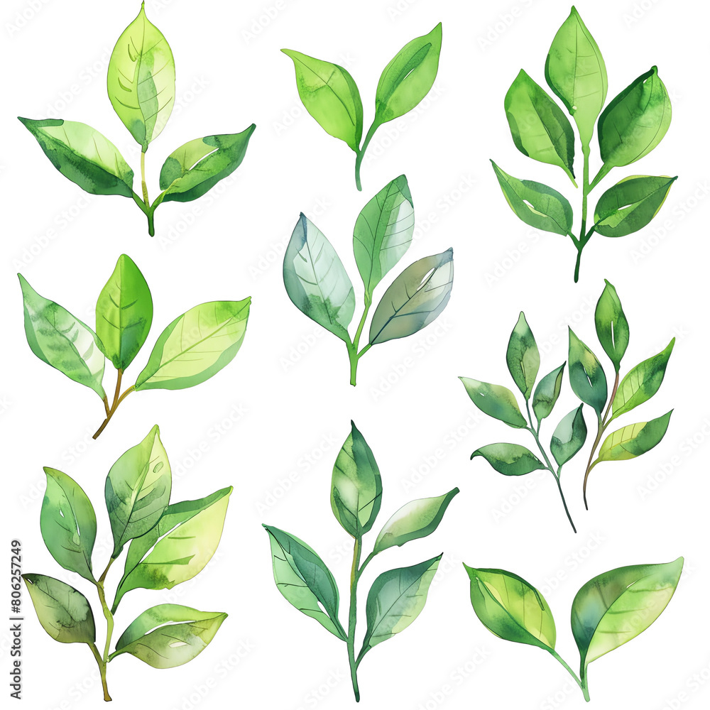 Green leaves of different plants on a transparent background.