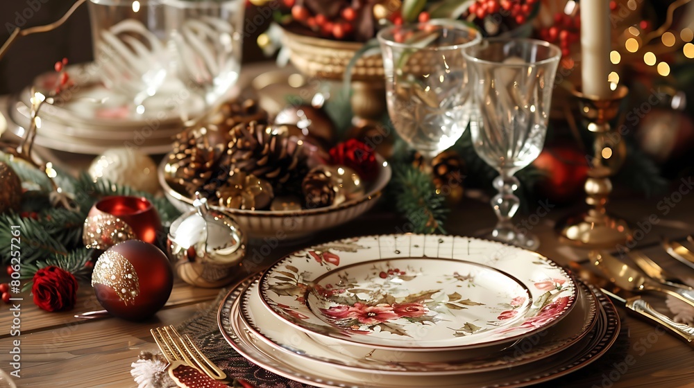 A festive holiday table setting with elegant dinnerware and seasonal decorations, ready for a special meal.