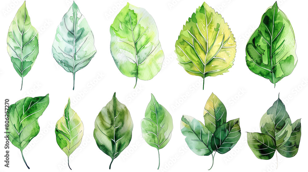 Green leaves of different plants and trees, painted in watercolor, isolated on black background. Green leaves of different plants and trees, painted in watercolor, isolated on black background.