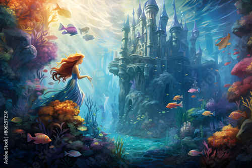 underwater illustrated mermaid with fish, underwater world animated character woman, illustrated underwater mermaid style
