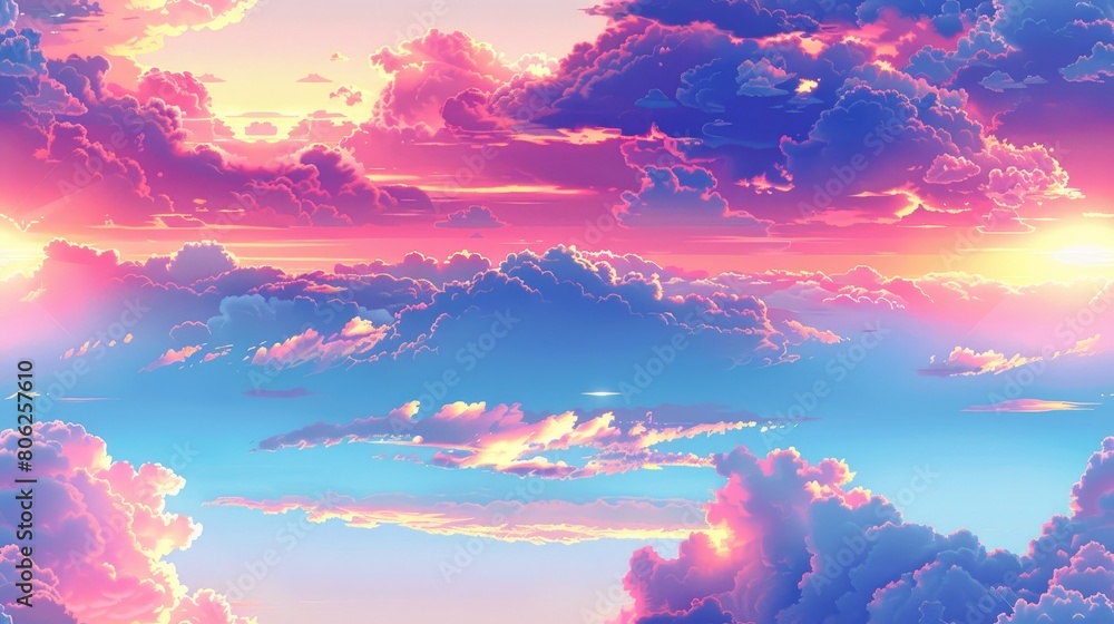 A beautiful sunset in a gradient of purple, pink, blue, and yellow colors.