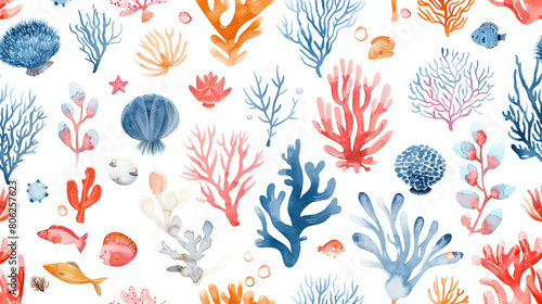 The image is a colorful and abstract pattern of various sea creatures #806257623