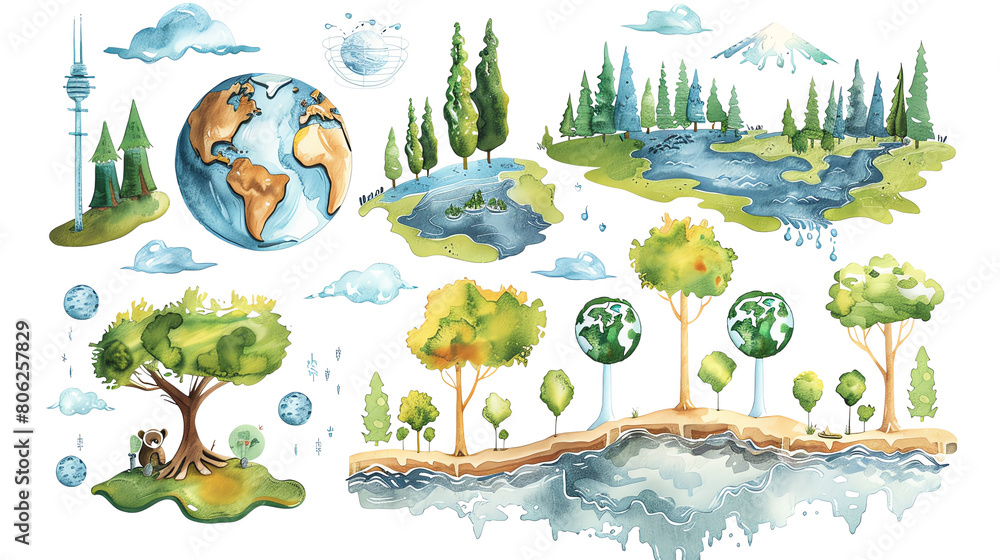 Naklejka premium The image shows a cartoon drawing of a green planet with blue water. There are trees, clouds, and a city on the planet. The image is surrounded by a white background.