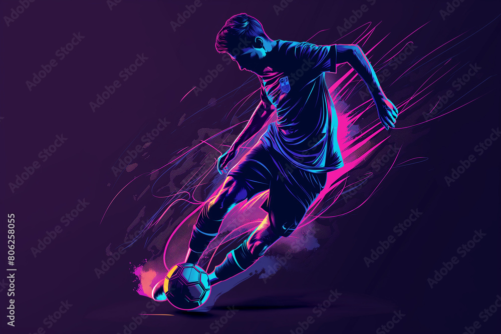 Soccer player with the ball in action. 2D sketch art. Football concept wallpaper, background. 