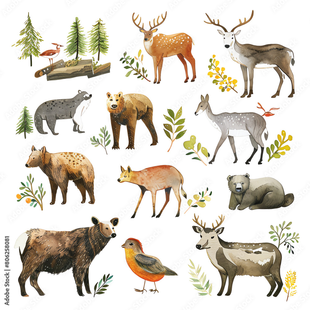 The image shows a variety of animals in a forest setting