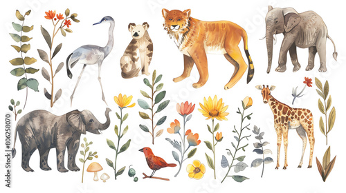 The image shows a variety of animals and plants. The animals include lions  elephants  giraffes  and birds. The plants include flowers  mushrooms  and ferns.