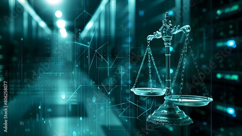Symbolism of justice in modern data center background with law scales. Concept Justice Symbolism, Modern Data Center, Law Scales, Symbolic Meaning