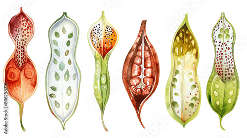 The image shows a variety of pitcher plants, which are carnivorous plants that use their leaves to trap and digest insects. photo