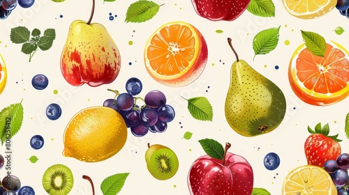 Colorful seamless pattern with various fruits. Juicy pears  apples  oranges  grapes  kiwi  lemon and blueberries.
