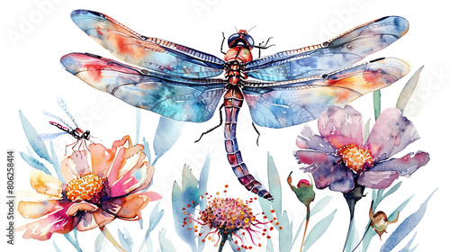The watercolor painting of a dragonfly and colorful flowers will bring a sense of whimsy to any room. photo