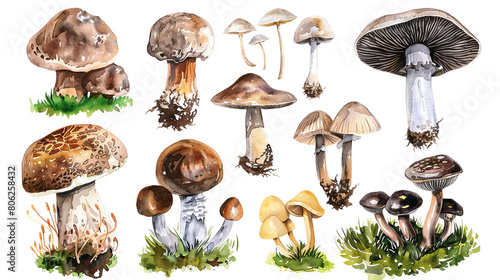 There are ten different types of mushrooms in the photo. They are all different colors and shapes.