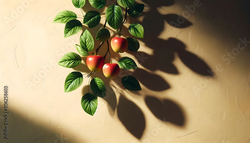 Pommes suspendues dans un jeu de lumière et d'ombre