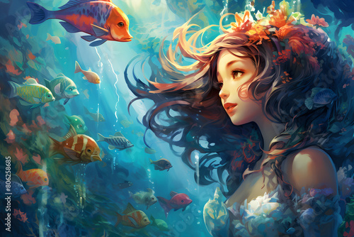 underwater illustrated mermaid with fish, underwater world animated character woman, illustrated underwater mermaid style photo